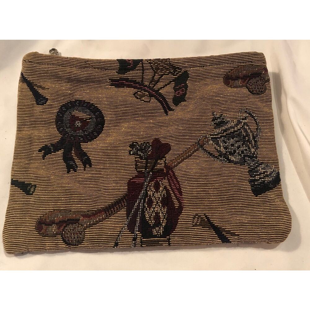 Vintage Golf Needlepoint Print Holdings Zipper Closure Hook Bag Golf 9.5x7